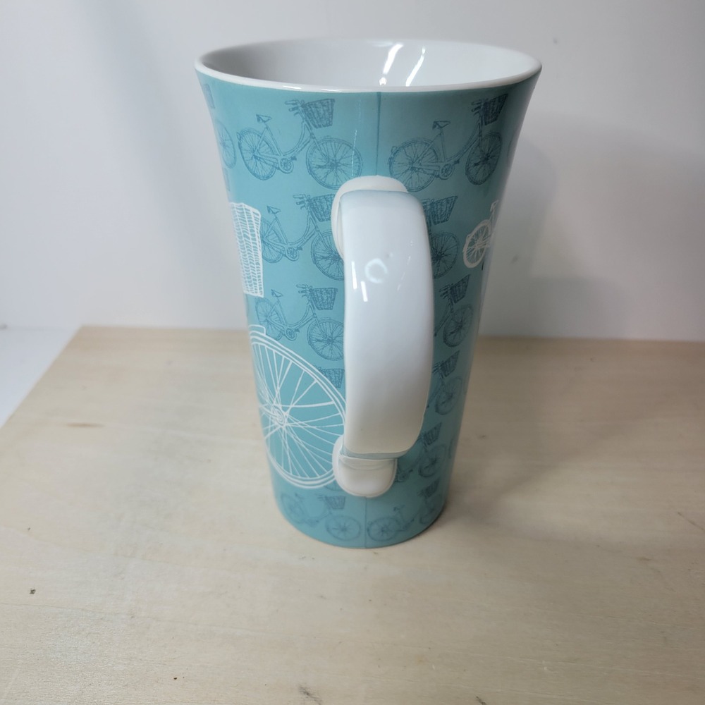 222 Fifth Take A‎ Ride Turquoise Bicycle Basket Tall Latte Coffee Mug - Picture 3 of 6